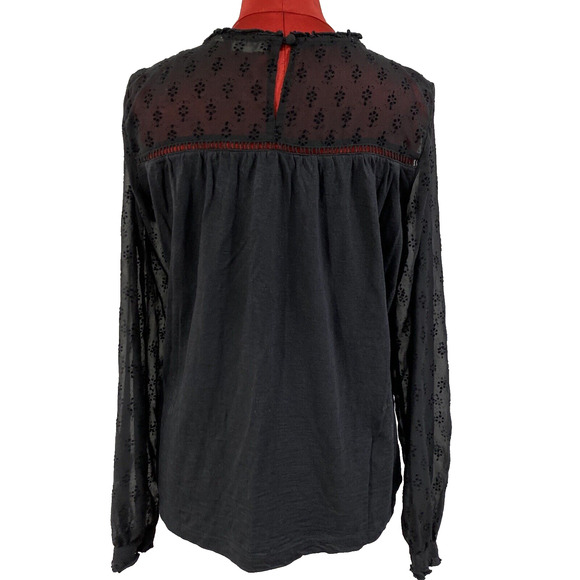 Fat Face Sheer Black Long Sleeve Peasant Blouse Casual Top Size 10 Eyelet Lace - Picture 5 of 11